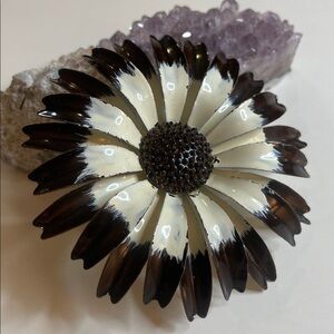Vintage Enamel Floral Brooch Pin White & Brown Pedals and a Black Center